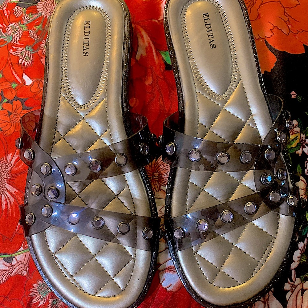 Beautiful rhinestone & Glitter Slide Sandals. Grey & Silver SO sparkly